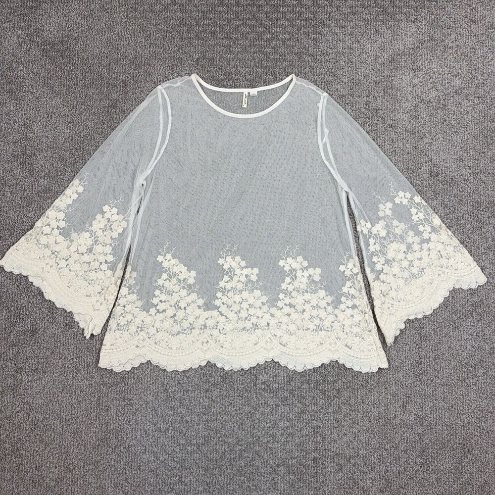 Ultra Pink Top Womens Large Ivory Mesh Floral Embroidered Boho Festival Y2K